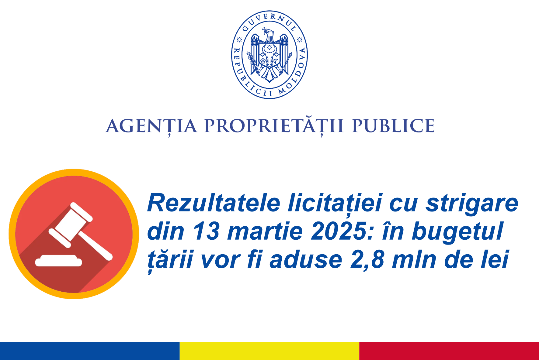 Patru bunuri proprietate de stat, expuse astăzi la licitația cu strigare, vor aduce în buget circa 2,8 mln de lei